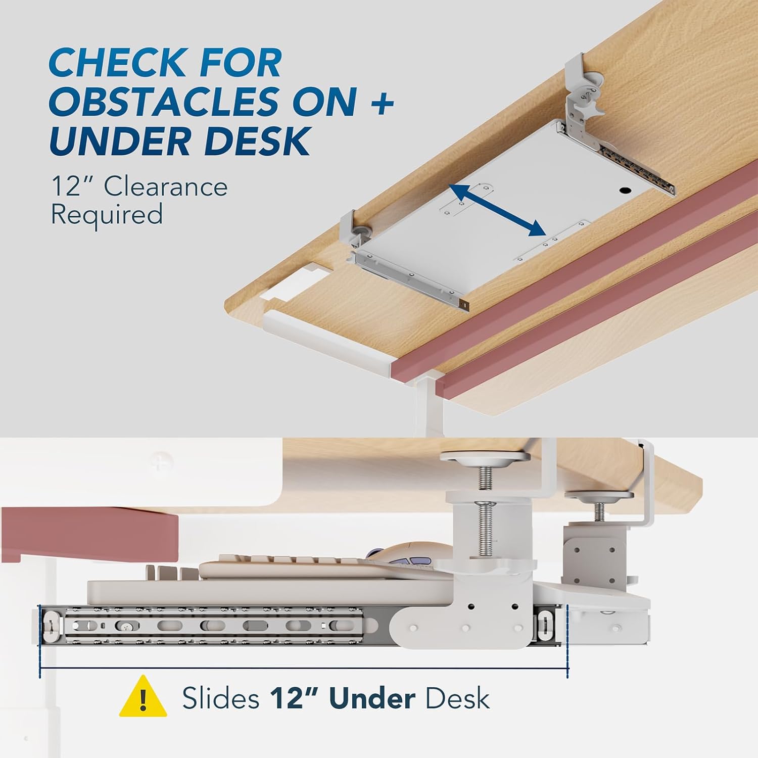 Under Desk Pull Out Keyboard Tray with Sturdy C Clamp Mount System, 27.3 x 11 Inch Slide-Out Platform Computer Drawer for Typing