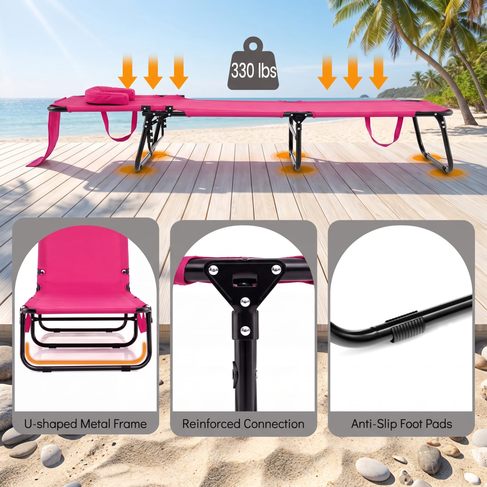 Furnibear Folding Patio Chair Solid Metal for Backyard Deck Garden Pink 330 lbs Capacity Weather-Resistant Outdoor Furniture