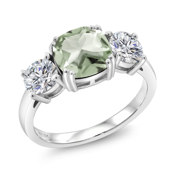Gem Stone King 925 Sterling Silver Green Prasiolite and Lab Grown Diamond Engagement Ring for Women | 3.05 Cttw | Cushion 8MM | Gemstone Birthstone | Size 5