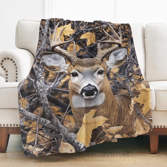 Deer Blanket Forest Camo Hunting Throw Blankets 60"x50" Gifts for Hunter Men Women Deer Lover, Elk Deers Decor for Couch Bed Sofa Birthday Lightweight Soft Flannel Blanket add Same printed canvas bag