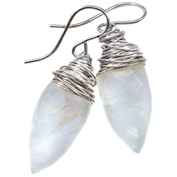 Sterling Silver Moonstone Earrings White Blue Rainbow Faceted Pointed Briolette Wire Wrapped Simple Drop Dangles Designed for Adult Women