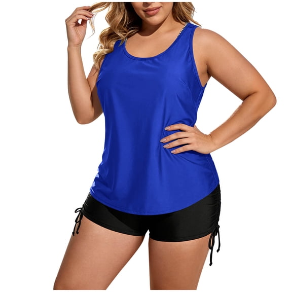 asdoklhq Summer Womens Bathing Suits Tankini Tops for Women Loose Fit Fashion Women's Solid Color with Chest Cushion and No Steel Support Loose Drawstring Split Swimsuit Blue M