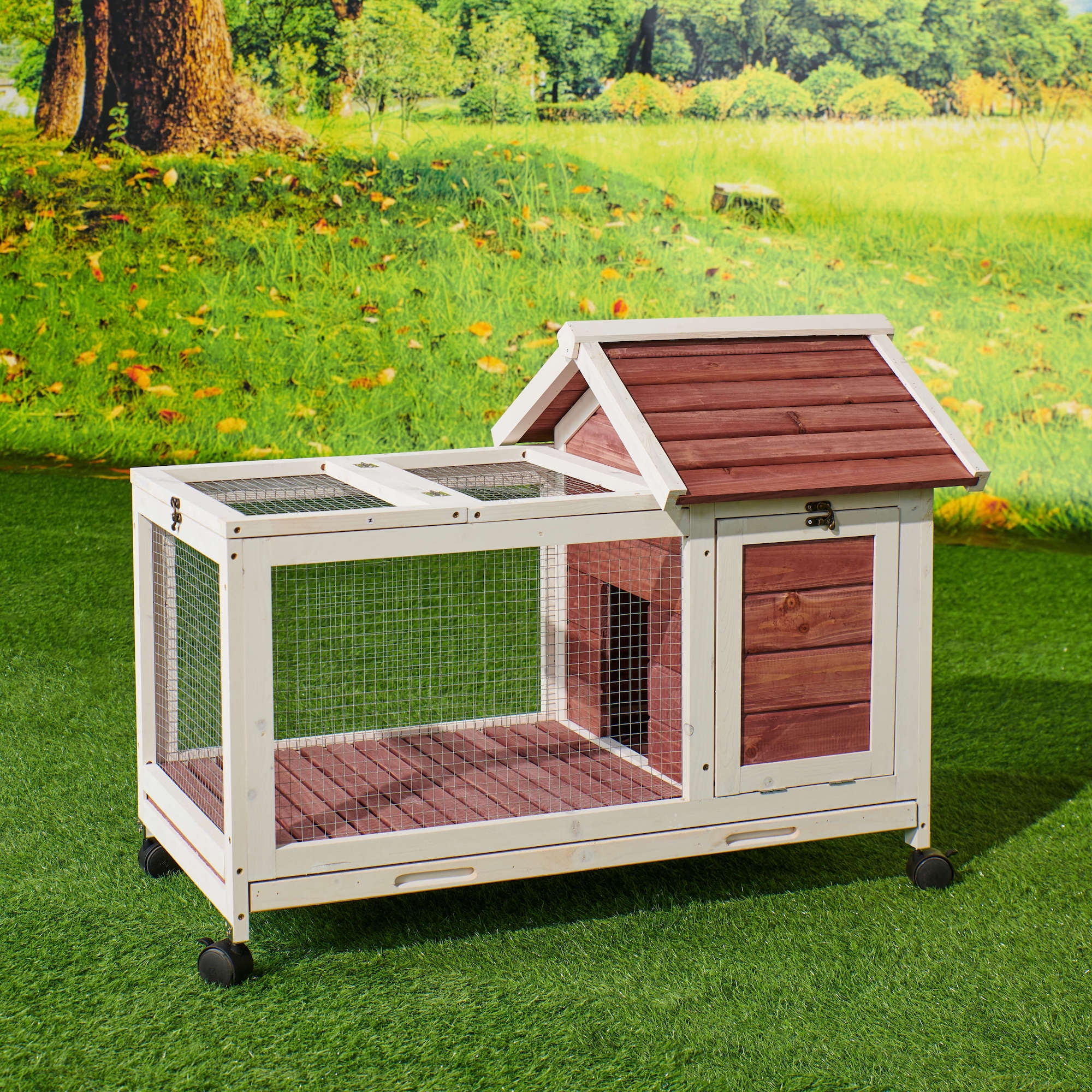 Kadyn Bunny Cages for Rabbits Indoor, Rabbit Hutch with Pull out Trays for Easy Cleaning, Indoor Bunny Cage with 4 Wheels, Auburn