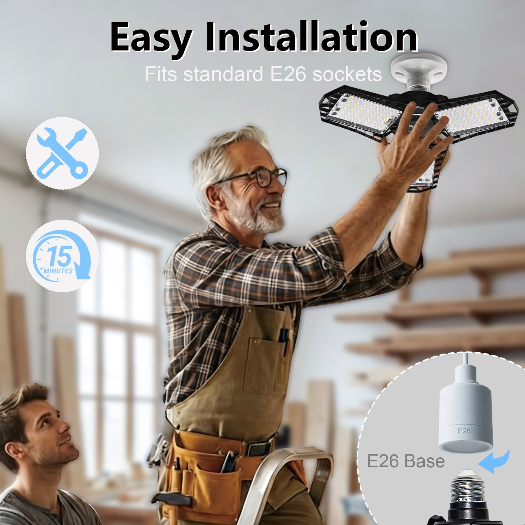 GT Lite LED Garage Light 90-Watt 10,000 Lumen, Adjustable 3-Panel Bulb, 5000K Daylight, E26, 1pack