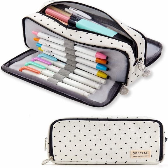Back to Schol!Big Capacity Pencil Case, 3 Compartments Canvas Pencil Bag, Handheld Portable Storage for Pens Markers, Black Dots for stǔdənts Adults Bǒ-ys Gīrls