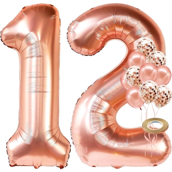 12Pcs Rose Gold 12th Birthday Party Decorations 32Inch Number 12 Foil Balloons 12Inch Latex Confetti Balloons for 12 Year Old Women Lady Birthday Anniversary Party Home Decorations Supplies