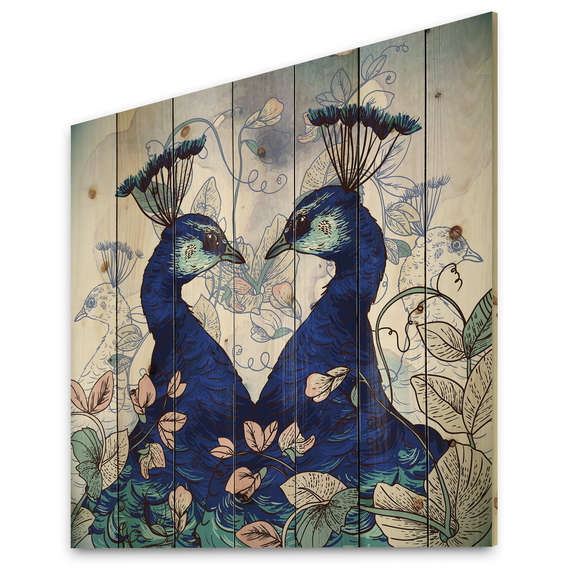 Designart 'Wildflowers With Two Blue Peacocks' Traditional Print on Natural Pine Wood