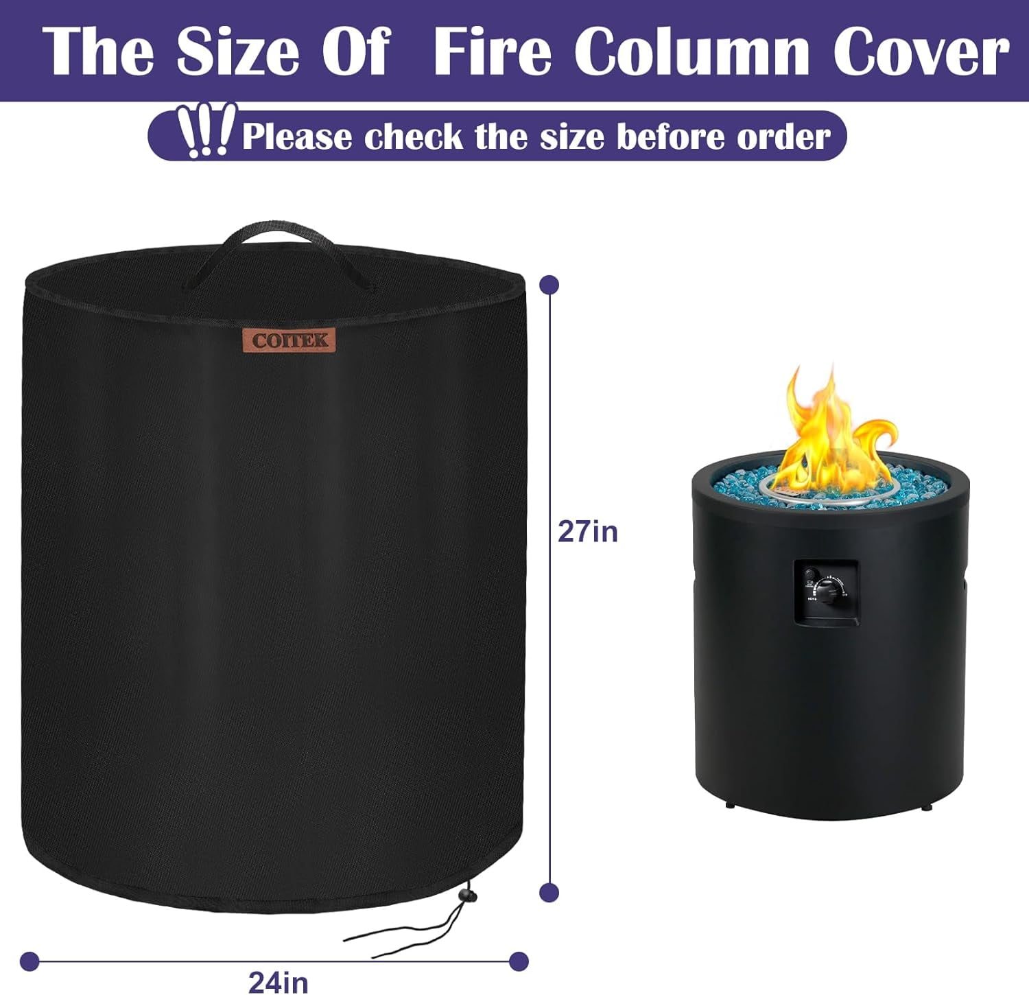 Plutput 600D Extra Strong Fire Column Cover 24" D X 27" H, Heavy Duty Round Fire Pit Cover Propane Gas Fire Bowl Column for Bali Outdoor 23 Inch Cylinder Firepit for Tabletop Fire Pit Stones