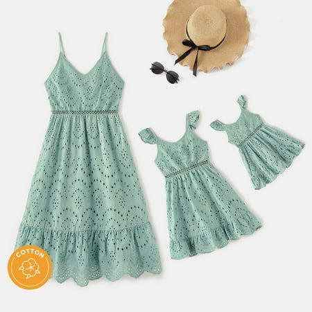 

PatPat Solid Hollow Out Textured V Neck Spaghetti Strap Dress for Mom and Me