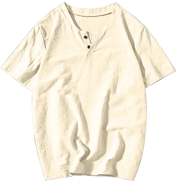 Camisas Hawaianas de los Hombres de la Playa de Manga Corta Cuello Redondo Casual Color Sólido, Top de Lino para las Vacaciones Y la Playa