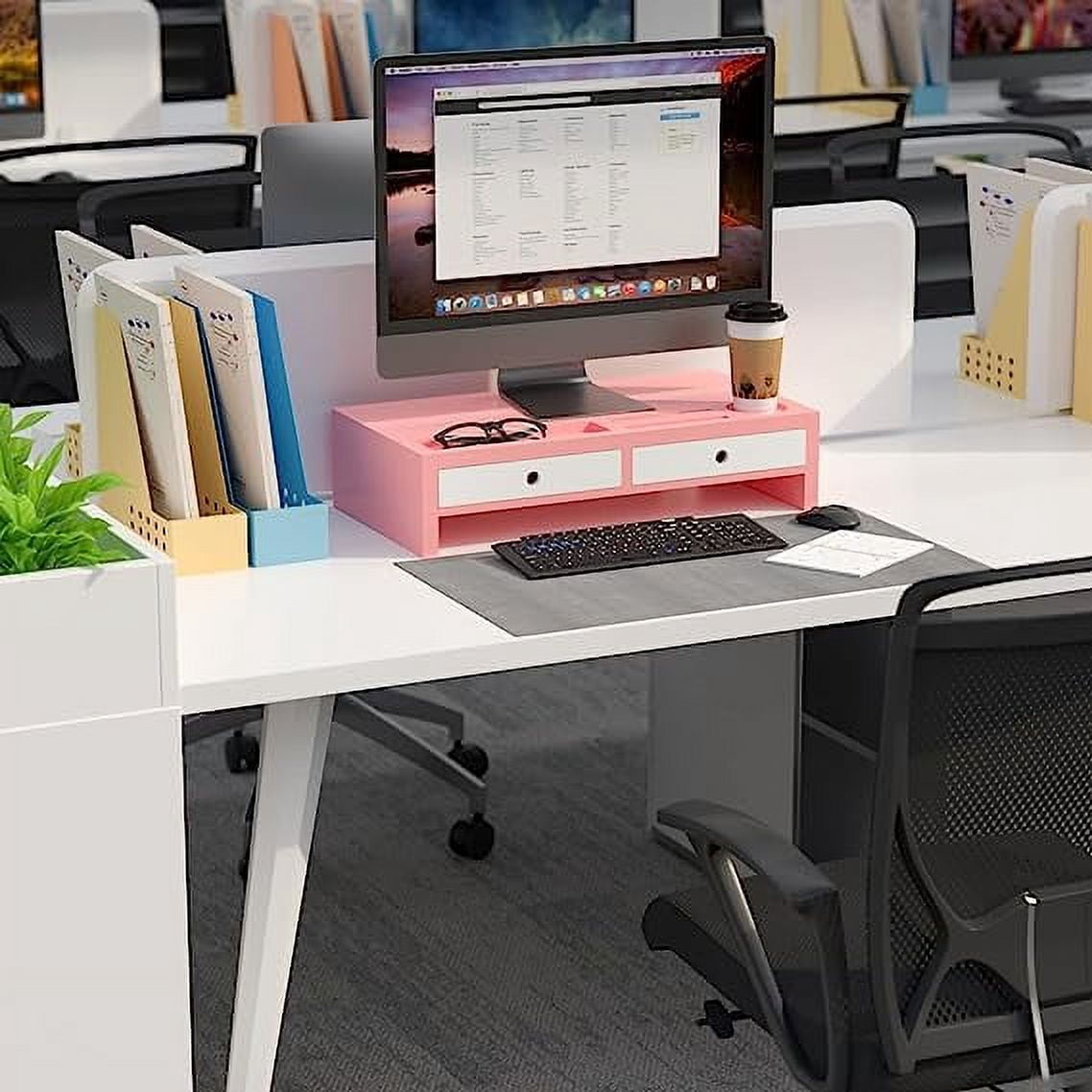 Bambloom Monitor Stand Riser and Computer Wood Desk Organizer with Drawer and Pen Holder for Laptop, Computer, iMac, 20.5Inch,Pink & White