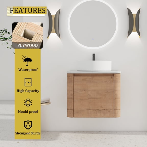 Modern Bathroom Vanity 24'' Wall-Mounted Bathroom Vanity With Ceramic Art Sink & 1-Soft-Close Door, KD-Packing, Plywood,Wooden Bathroom Vanity