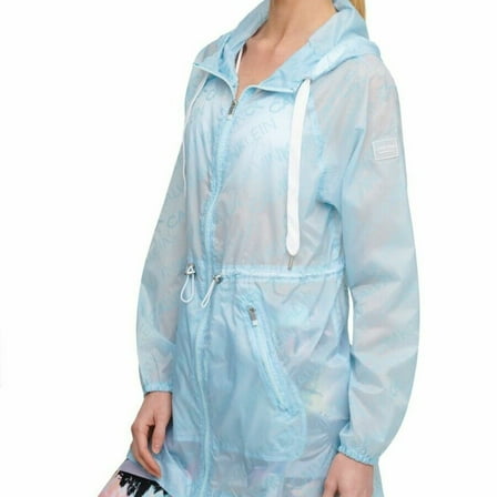 Calvin Klein Womens Crystal Blue Logo-Print Hooded Rain Jacket Size L $129