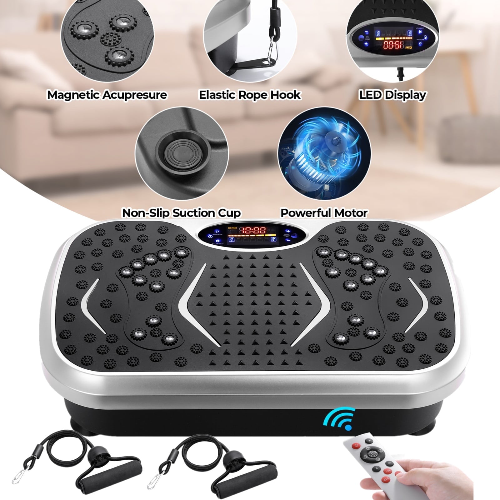 LAZY BUDDY Vibration Plate Exercise Machine Whole Body Shaker w/ 2 Resistance Bands, Home Workout Training Equipment 265lbs, Silver