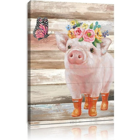 WFSposter Funny Piggy and Pink Butterfly Pig Pictures Wall Art Farmhouse Wall Decor Farm Animal Canvas Poster Mural for Bedroom Bathroom and Kitchen Framed and Ready to Hang 10"x15"