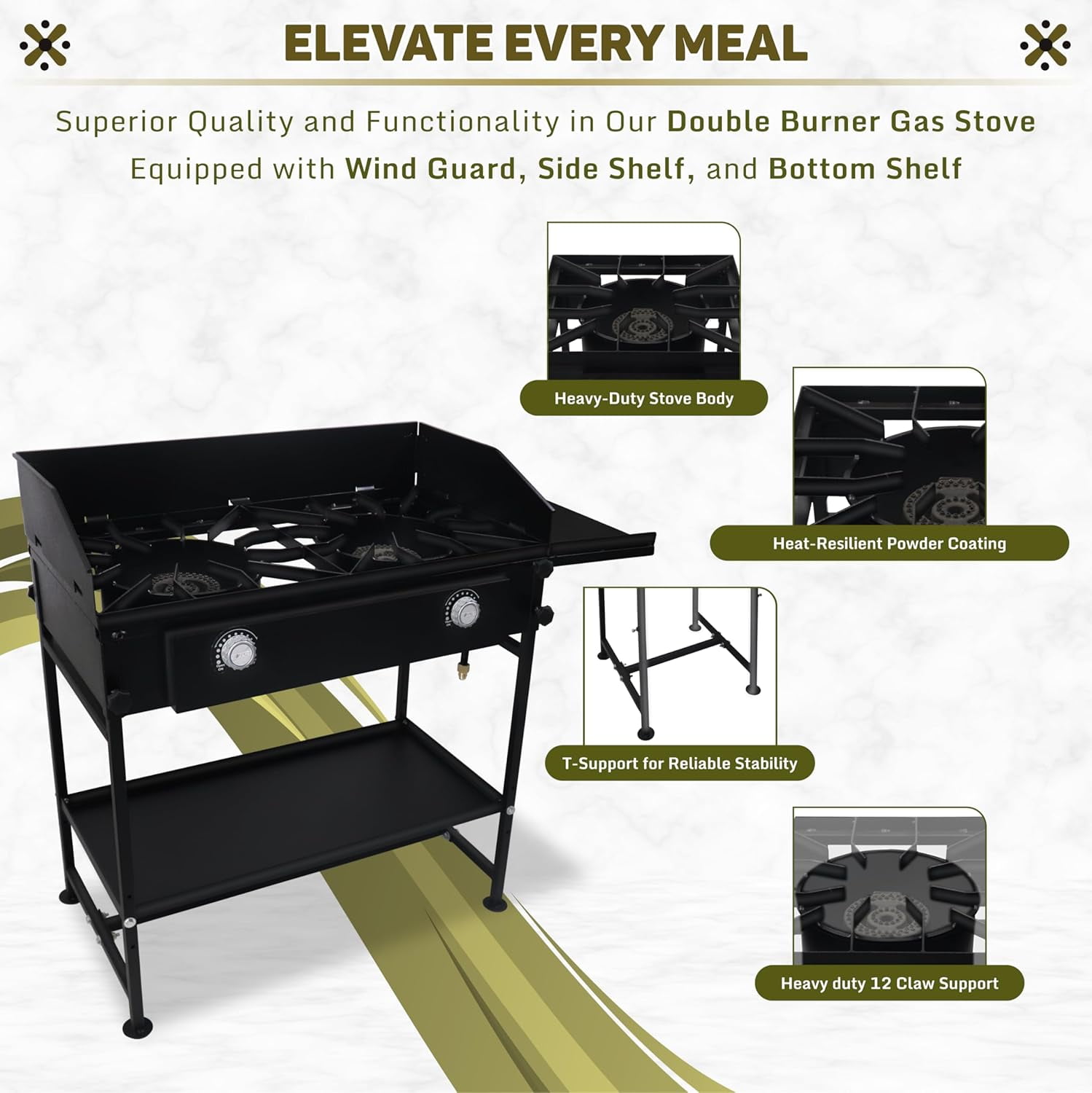 SONRET - Two Burner Propane Camping Gas Stove - with Side & Bottom Shelf and Wind Panel