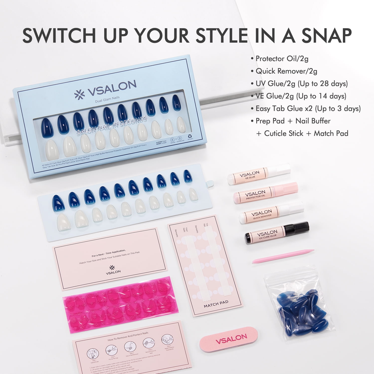 VSALON Press On Nails Short Almond - 42 PCS Navy Blue Cream and White Semi-Transparent Fake Nails for Women，32 Main Nails in 16 Sizes & 10 Alternative Nails - Lamp Curable Glue on Nail with Tool Kit