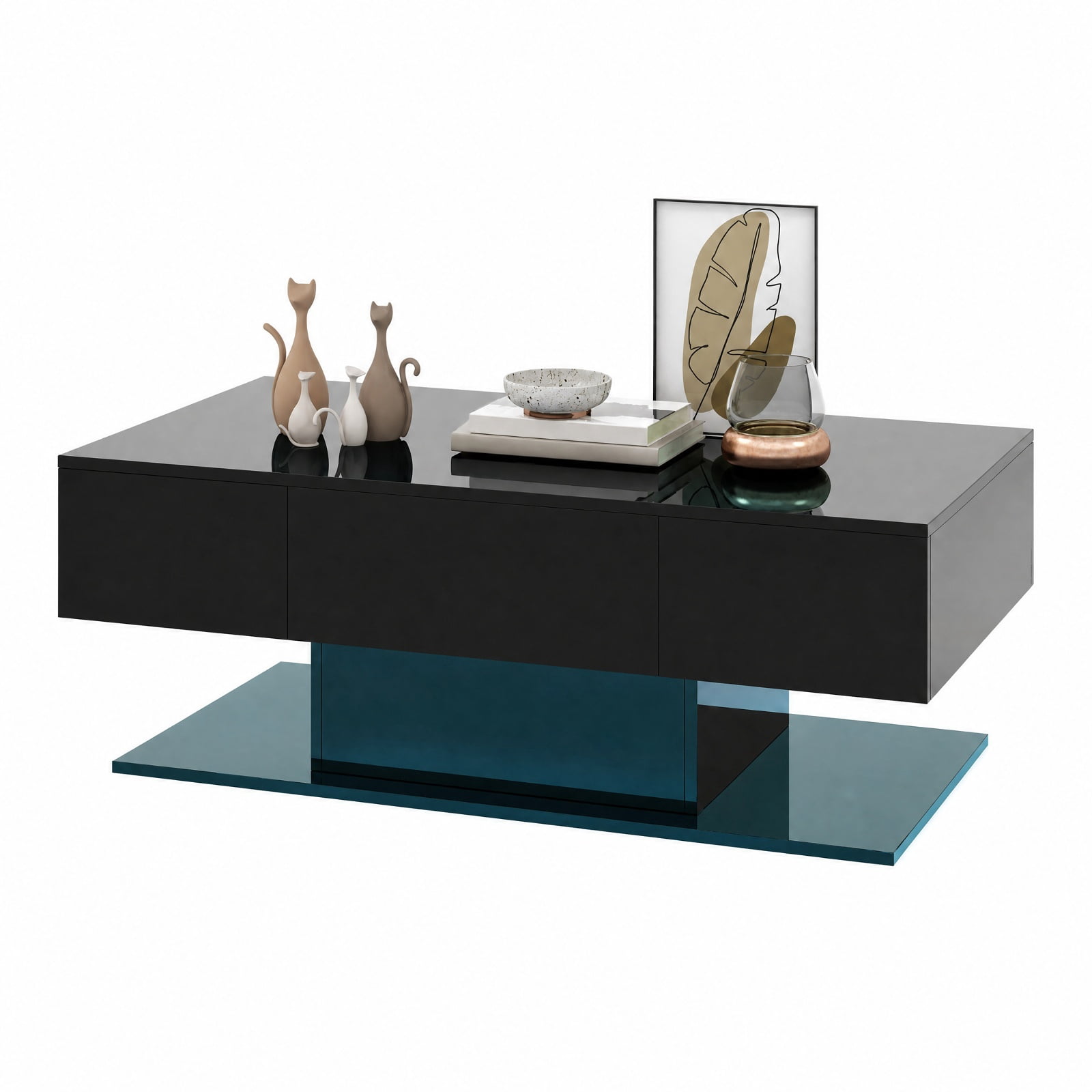 Furnibear Modern LED Coffee Table with 20 Color Lights and Remote Control for Living Room with 2 Storage Drawers and Open Shelf, Black