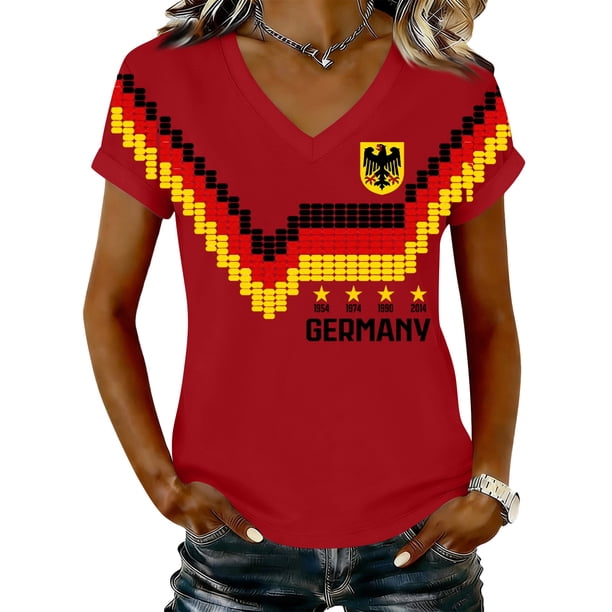 Women's Germany Football Graphic T-Shirt, V-Neck Casual Letter Print T-Shirt, Fashion Short Sleeve Graphic Tee, Summer Daily Lightweight Tops for Soccer Tournament 2026 Red Size: M