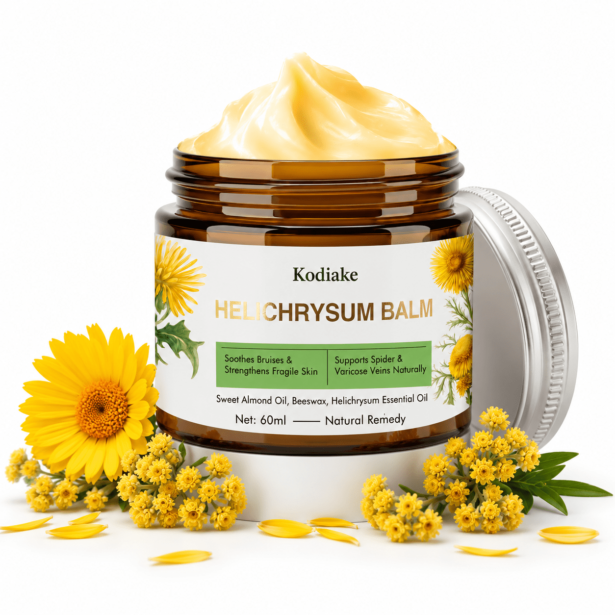 Kodiake Helichrysum Balm - Deeply Hydrating & Calming Balm for Dry Sensitive Skin, Vari-co-se, Bruises and Thin Skin - Non-Greasy Daily Skincare Revitalizing Formula
