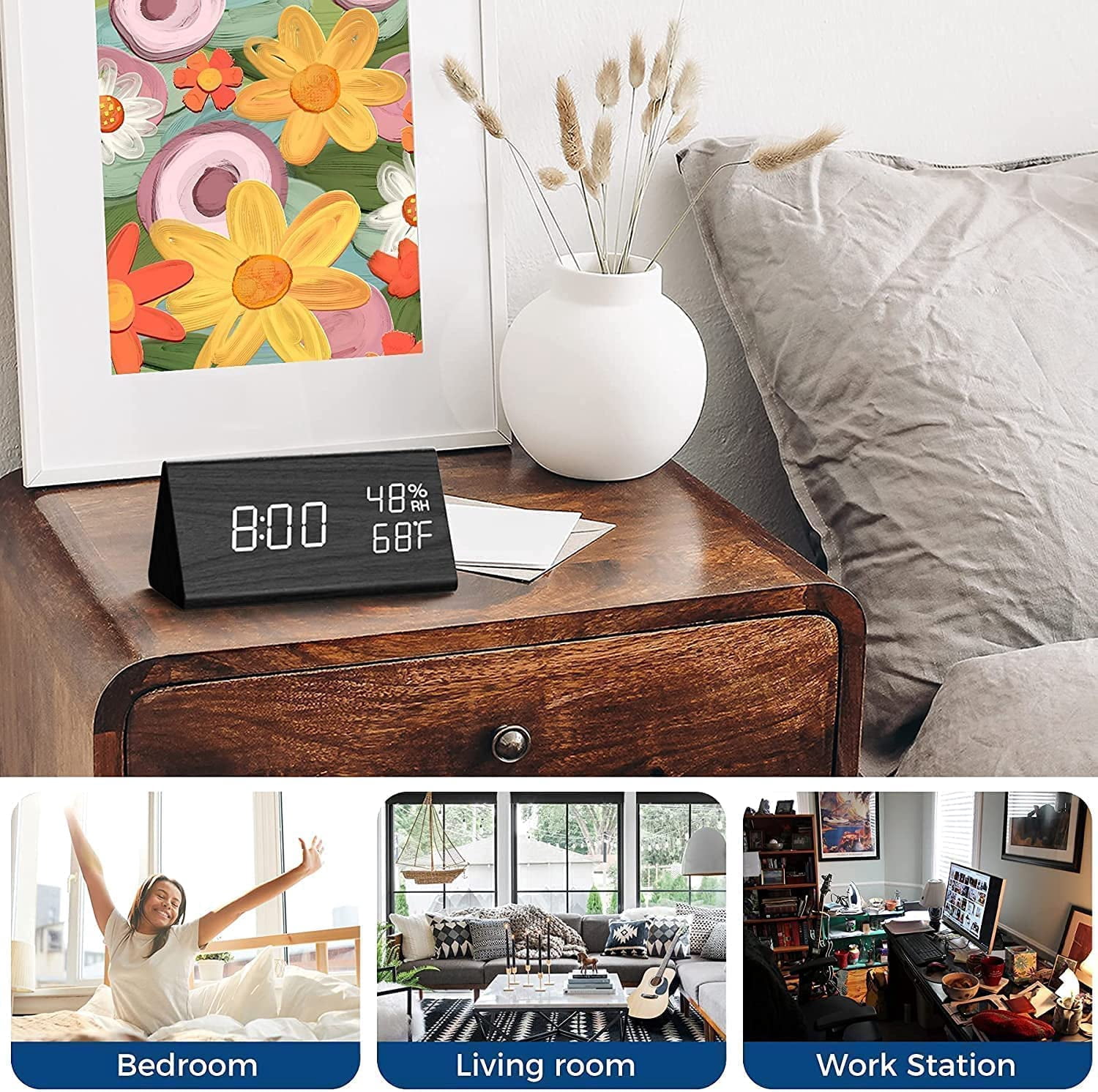 Digital Alarm Clock, Electronic LED Time Display 3 Alarm Settings Adjustable Brightness Humidity & Temperature Detect Wood Design for Bedroom, Bedside, Desk, Office (Black)