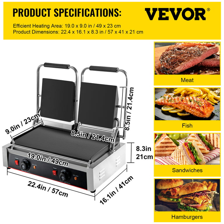 VEVORbrand 110V Commercial Sandwich Press Grill 3600W Electric Panini Maker  Non-Stick 122°F-572°F Temp Control Double Flat Plates for Hamburgers  Steaks, 22x12, Silver+Black 