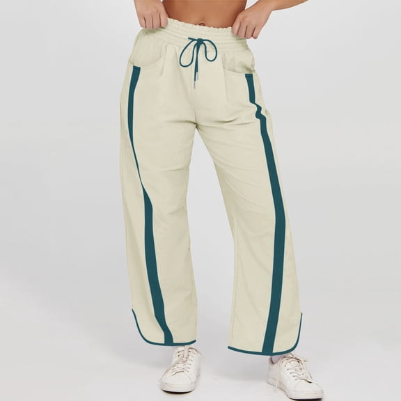 Costeam Womens Vertical Side Stripe Cropped Pants Side Inset Pockets Drawstring Elastic High Waist Irregular Hem Wide Leg Solid Color Casual Streetwear Trousers