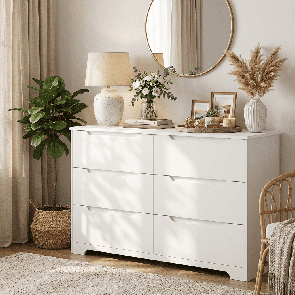 6 Drawer Double Dresser,&nbsp;Modern Wide Wooden&nbsp;Chest of Drawers with&nbsp;Cut-Out Handles,&nbsp;Anti-Tip Design,&nbsp;Closet Storage and TV Stand for Living Room, Hallway, White