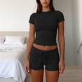 thumbnail image 5 of Chbgutlmr 2 Piece Sets for Women Casual Summer Fitted Outfits Short Sleeve Crew Neck Crop Tops Drawstring Shorts Comfy Basic Plain Set, 5 of 6