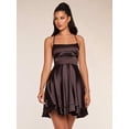 thumbnail image 4 of Brown Satin Mini Dress With Spaghetti Straps And Tiered Flared Hem, 4 of 5