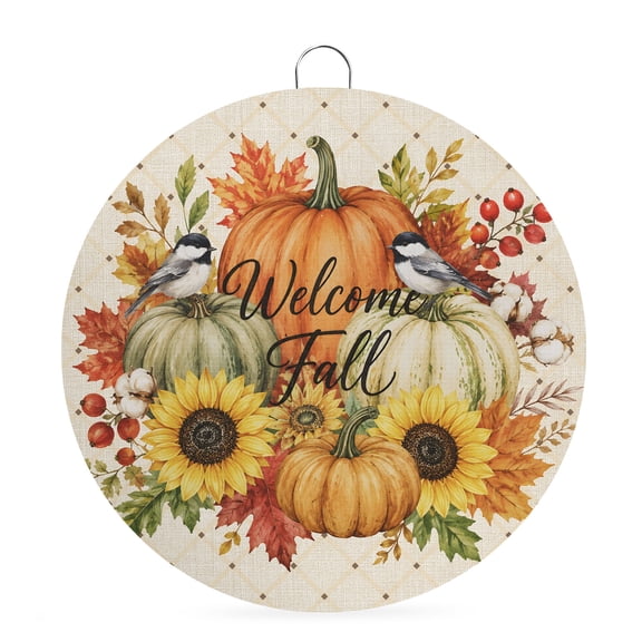 Welcome Sign for Front Door, Pumpkins Thanksgiving Round Metal Wall Art Wreaths, Fall Pumpkin Berry Rustic Farmhouse Outdoor Indoor Wall Hanging Sign for Porch Decor Housewarming Gifts 5.9 Inch