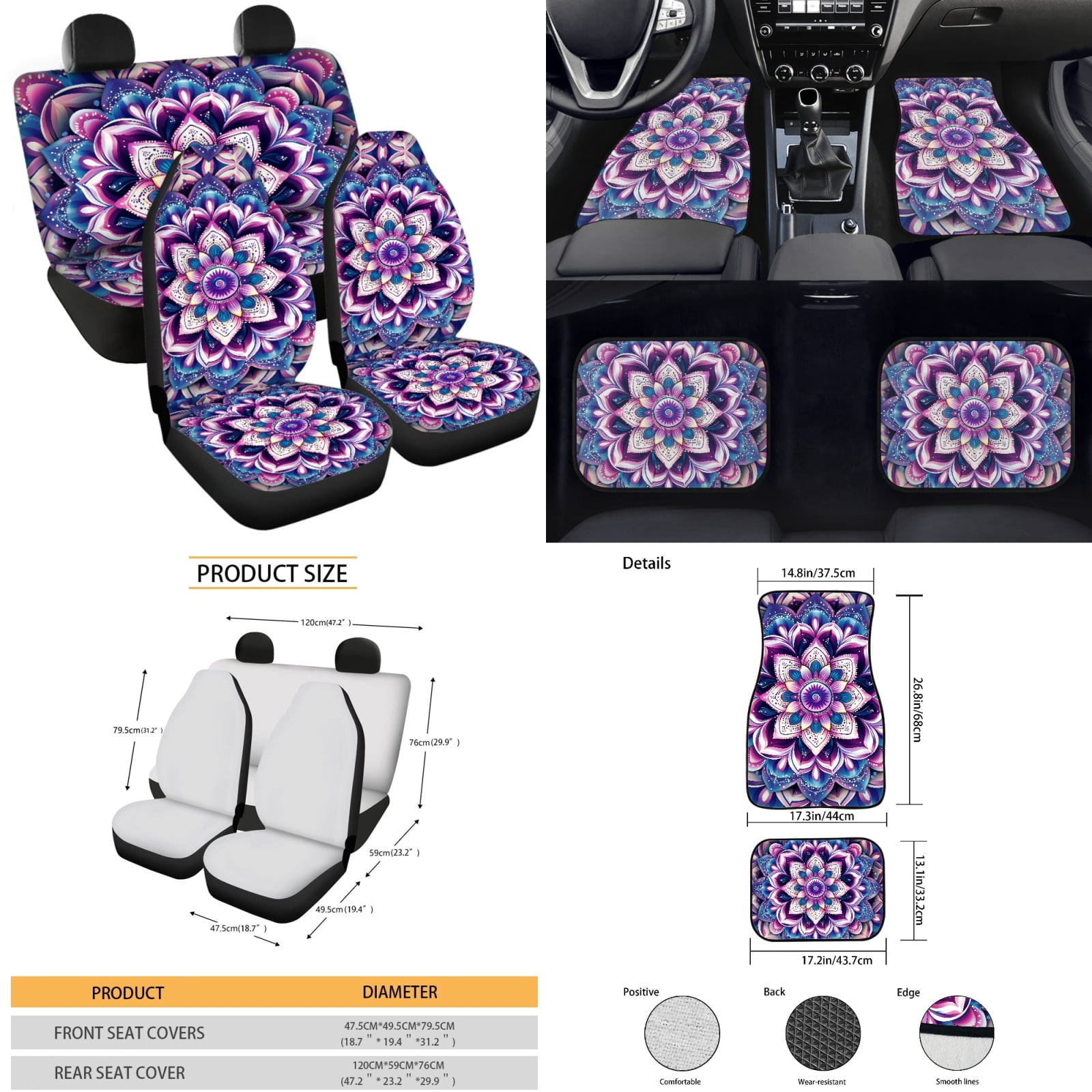 Yuyamidu 15 Pack Boho Flower Blossom Car Seat Cover Set with Carpet Mats Purple Steering Wheel Cover Seat Belt Strap Cover Coaster Gear Shift Knob Cover Set Fit SUV Sedan