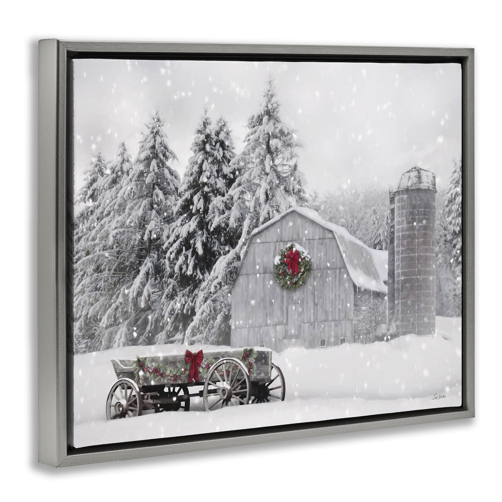 Stupell Industries Snow Covered Farmland Holiday Painting Gray Floater Framed Canvas Art Prints Wall Art, 31 x 25