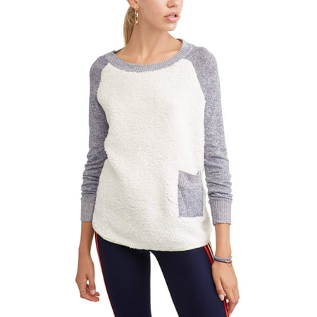 Juniors' Sherpa Color Block Raglan Sleeve Pullover Sweatshirt
