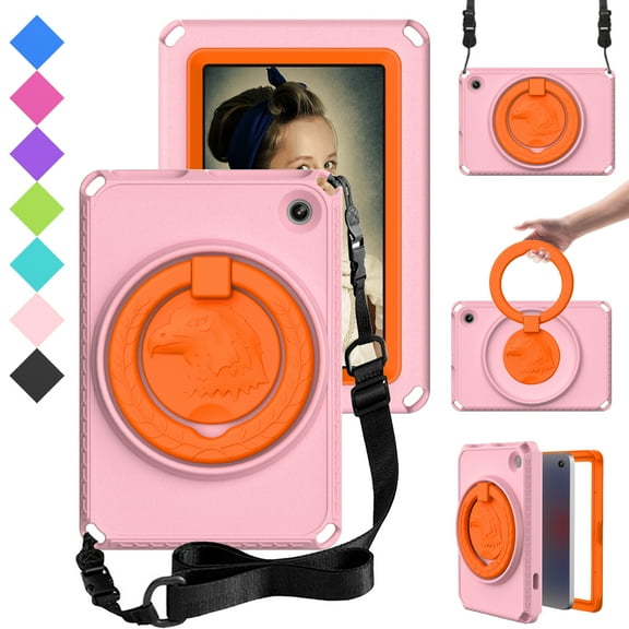 Dteck Fits for Kindle Fire 7 Tablet (12th Generation, 2022 Release), Full-Body Drop-Proof with Screen Protector 360 Rotate Stand Crossbody Shoulder Strap Case Cover, Pink