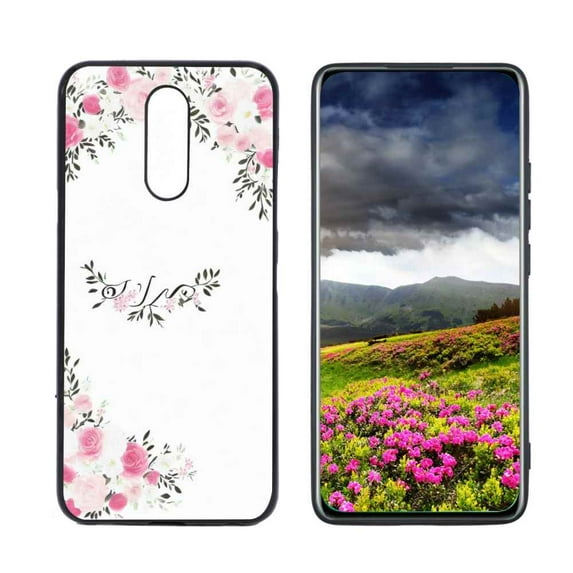 Compatible with LG K40 Phone Case, Floral-initial-Flower-Black-Pink-Custom45 Case Men Women, Flexible Silicone Shockproof Case for LG K40