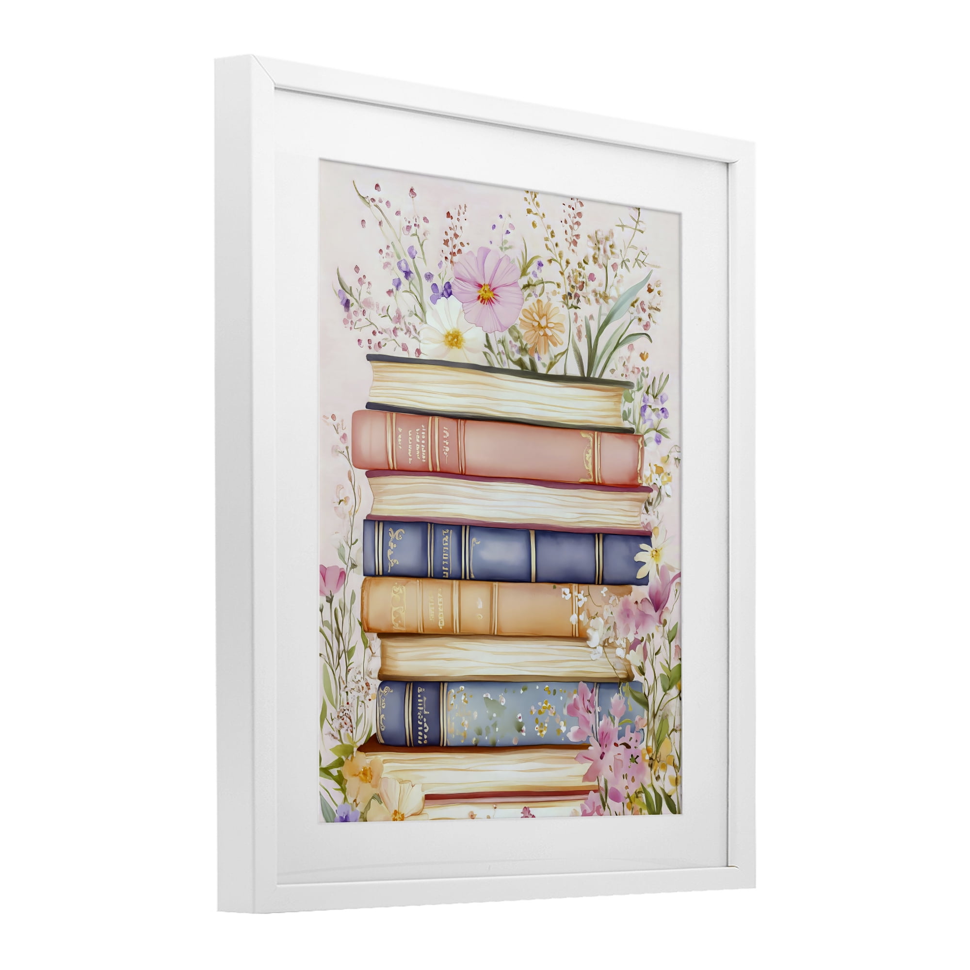 Stupell Industries Blooming Bookstack in Pastels White Framed Print Under Glass, design by LSR Design Studio