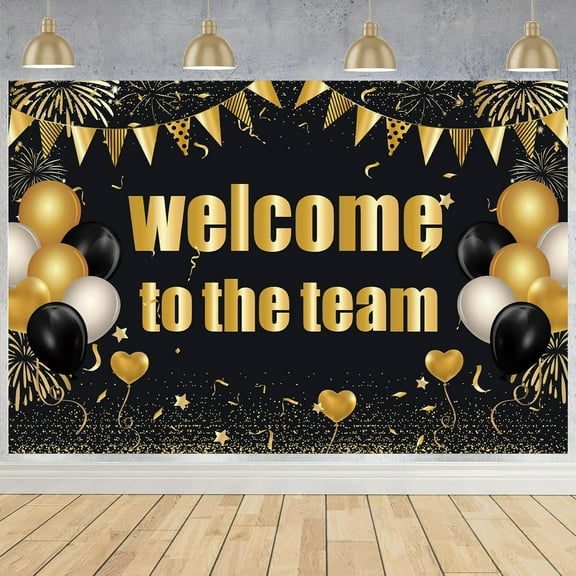 Jollyboom Welcome to The Team Decorations Backdrop, Black Gold Welcome Banner for Office Party Decorations 5x3ft Background for Welcome New Employee Members Party Decorations Photo Props