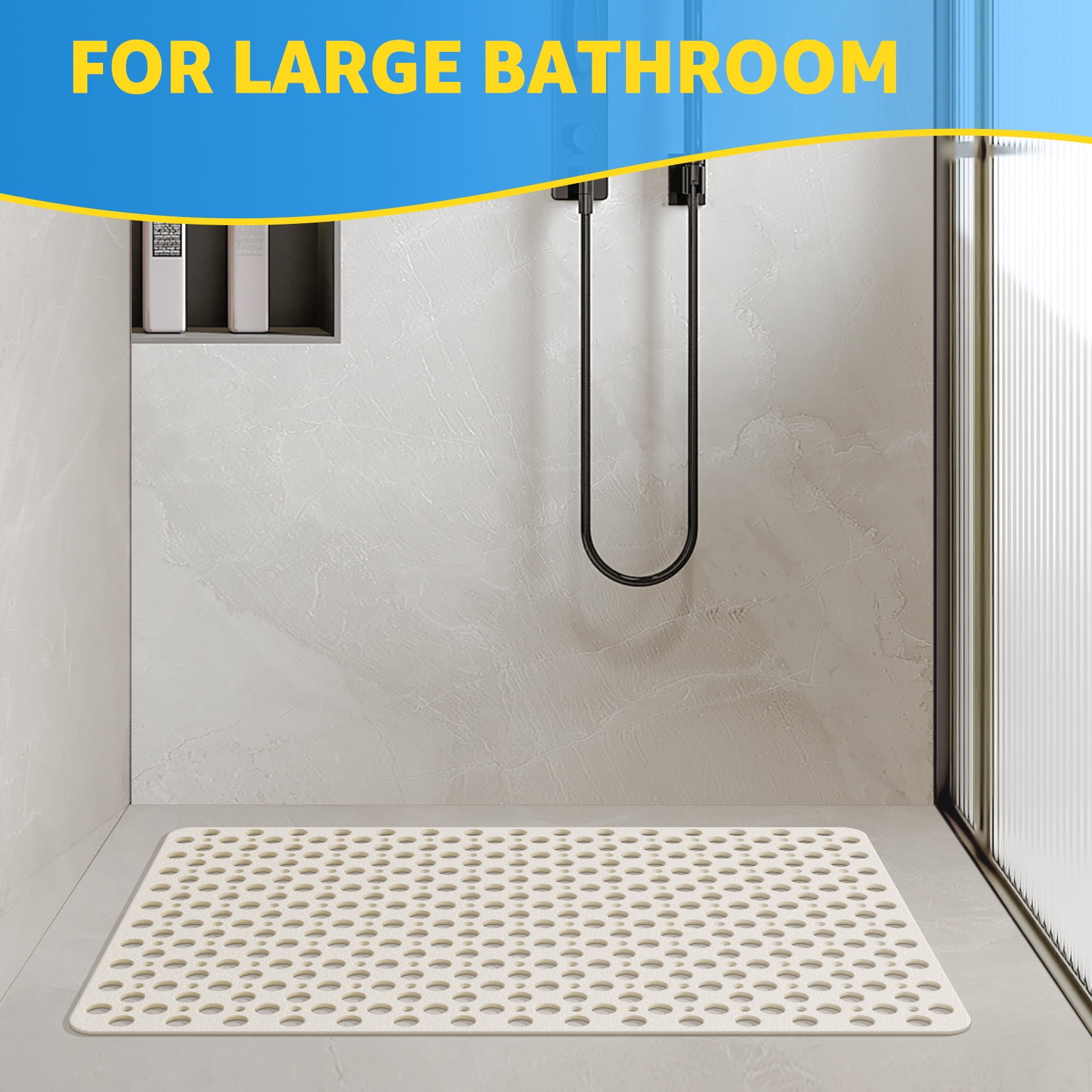 OTHWAY Large Shower Mat, 35x24 TPE Anti Slip Shower Mat, Heavy Bath Mats for Shower with Drain Holes Suction Cups, Shower Stall Mat for Bathroom, No Odor Shower Grip Mat for Elderly Kids(White)
