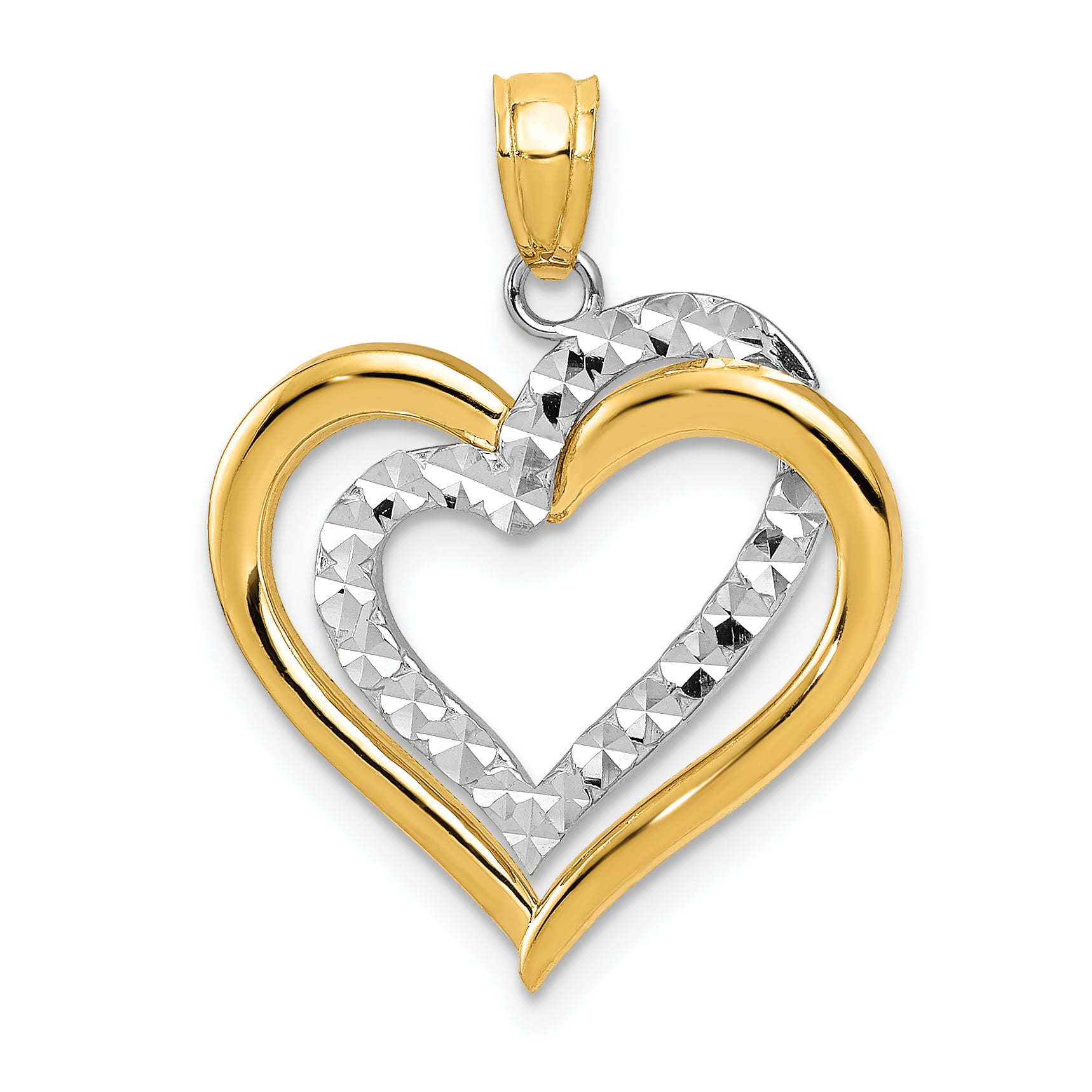 14k Yellow & White Gold Heart Pendant Love Charm Diamond Cut Fancy Two Tone 