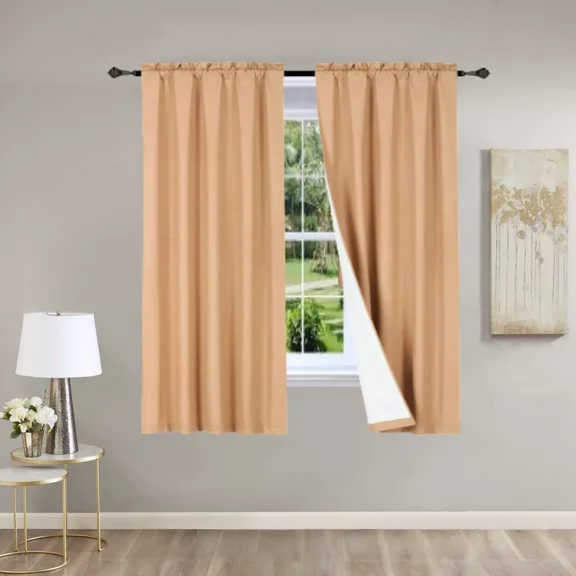 2 Piece Honey Gold Light Blocking Panels White Backing Rod Pocket Window Curtain 37" W X 63" L Each Panel