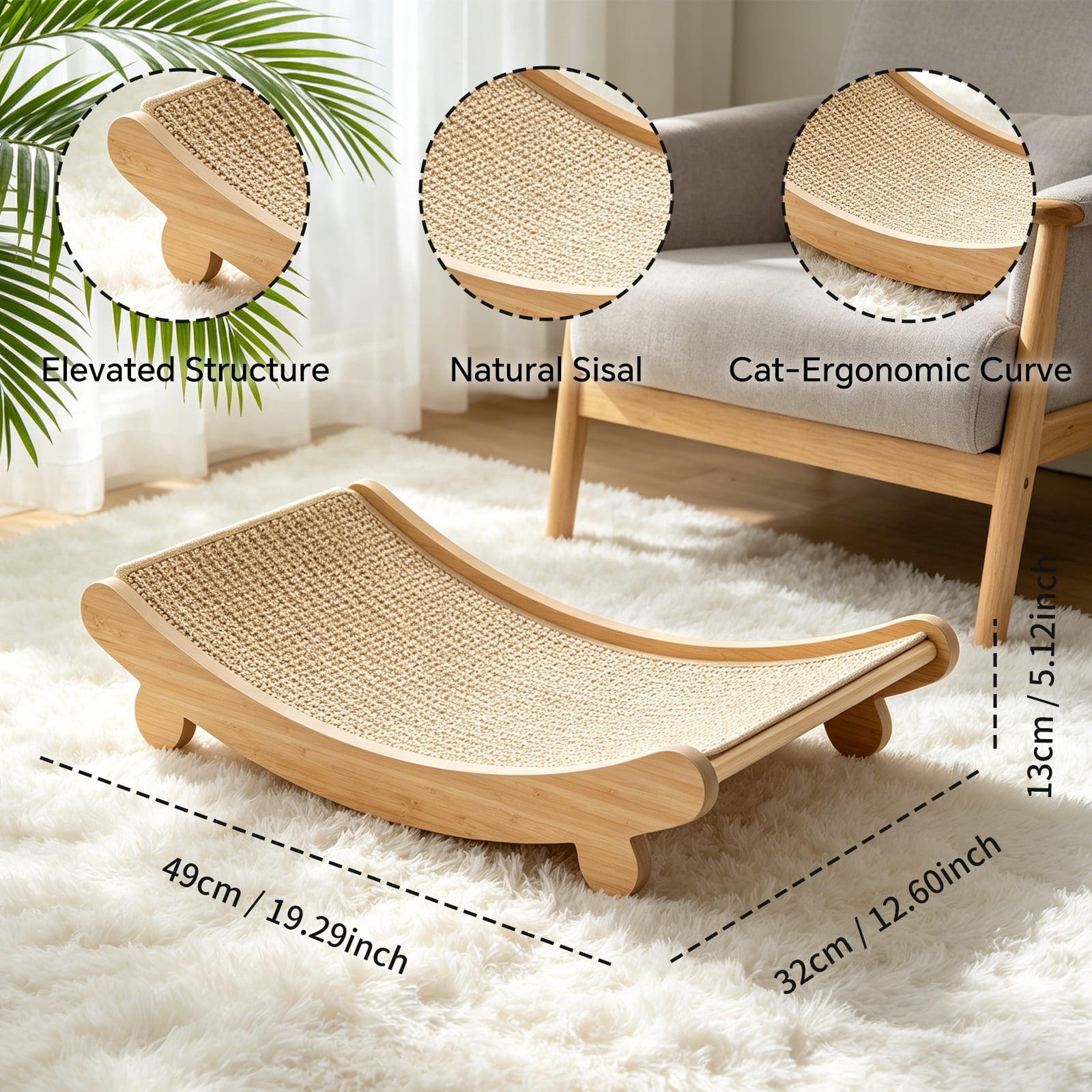 Sisal Cat Scratcher Bed, Indoor Wooden Cat Furniture Cat Hammock for Scratching Pad and Lounge, 19.29*12.6*5.12in