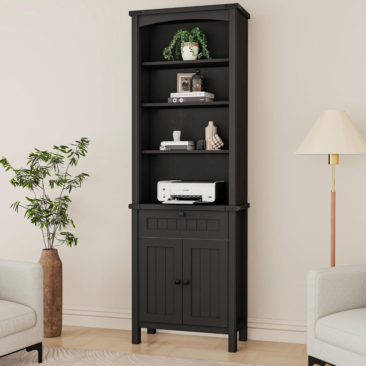 FIAKOA Rustic Bookshelves Set of 2, 71" Tall Wood Bookcase with Adjustable Shelves, 2 Cabinet Doors and Drawers, Farmhouse Display Storage for Living Room or Office(Black)