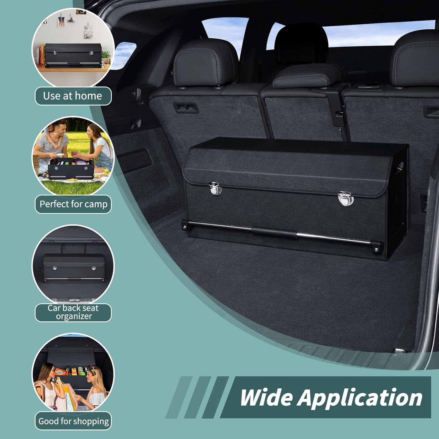Car Organizer Trunk, Durable Collapsible Leather Trunk Organizer with Lid and Sturdy Handle, Auto Cargo Storage Compartments, SUV/Car Accessories for Men/Women (11.4 x 27 x 12.2, Black)