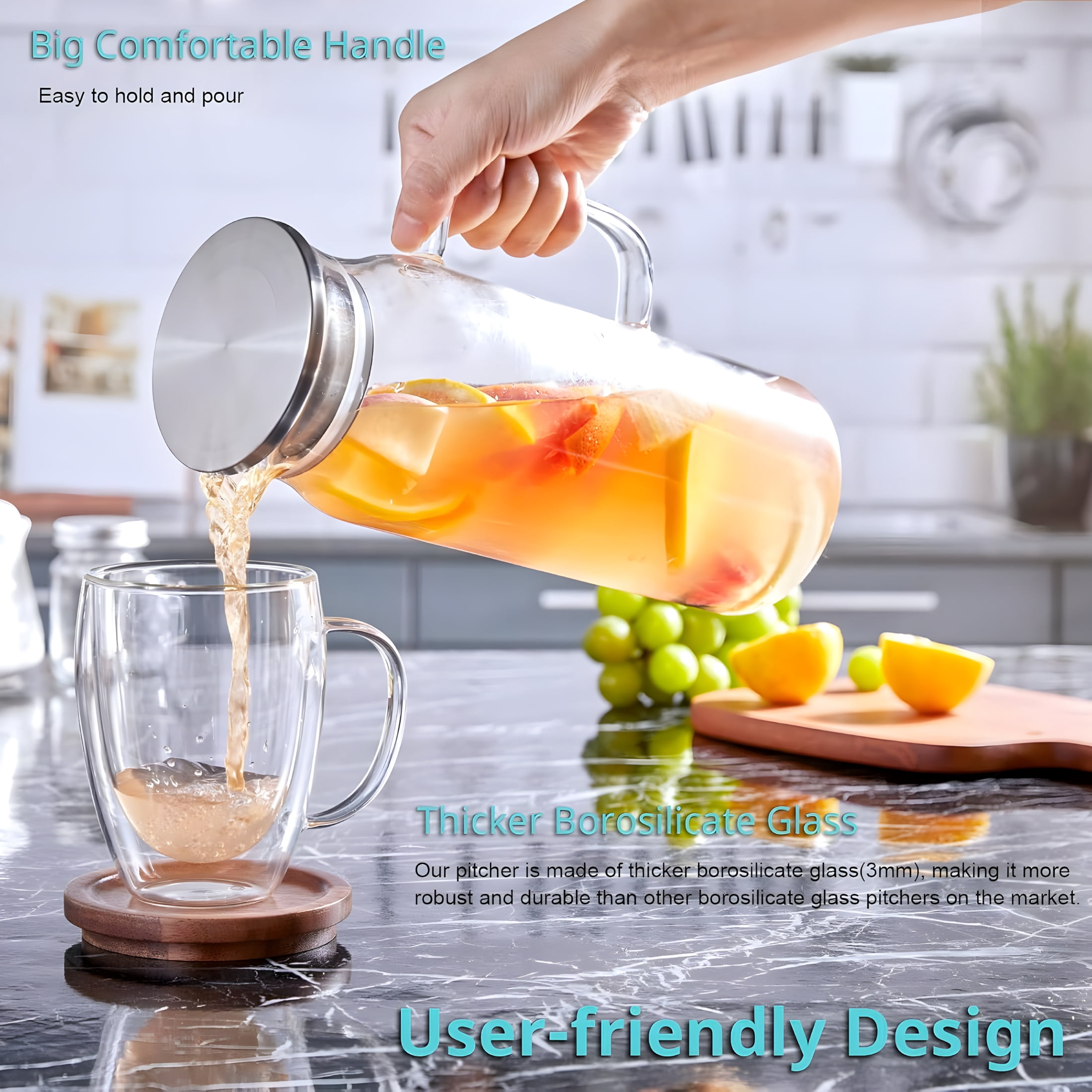 ACDANC 1.6 Liter 54 Oz Glass Pitcher with Lid and Handle,Glass Carafe Water Pitcher for Hot/Cold Water,Iced Tea,Drinks,Coffee,Juice and Homemade Beverage