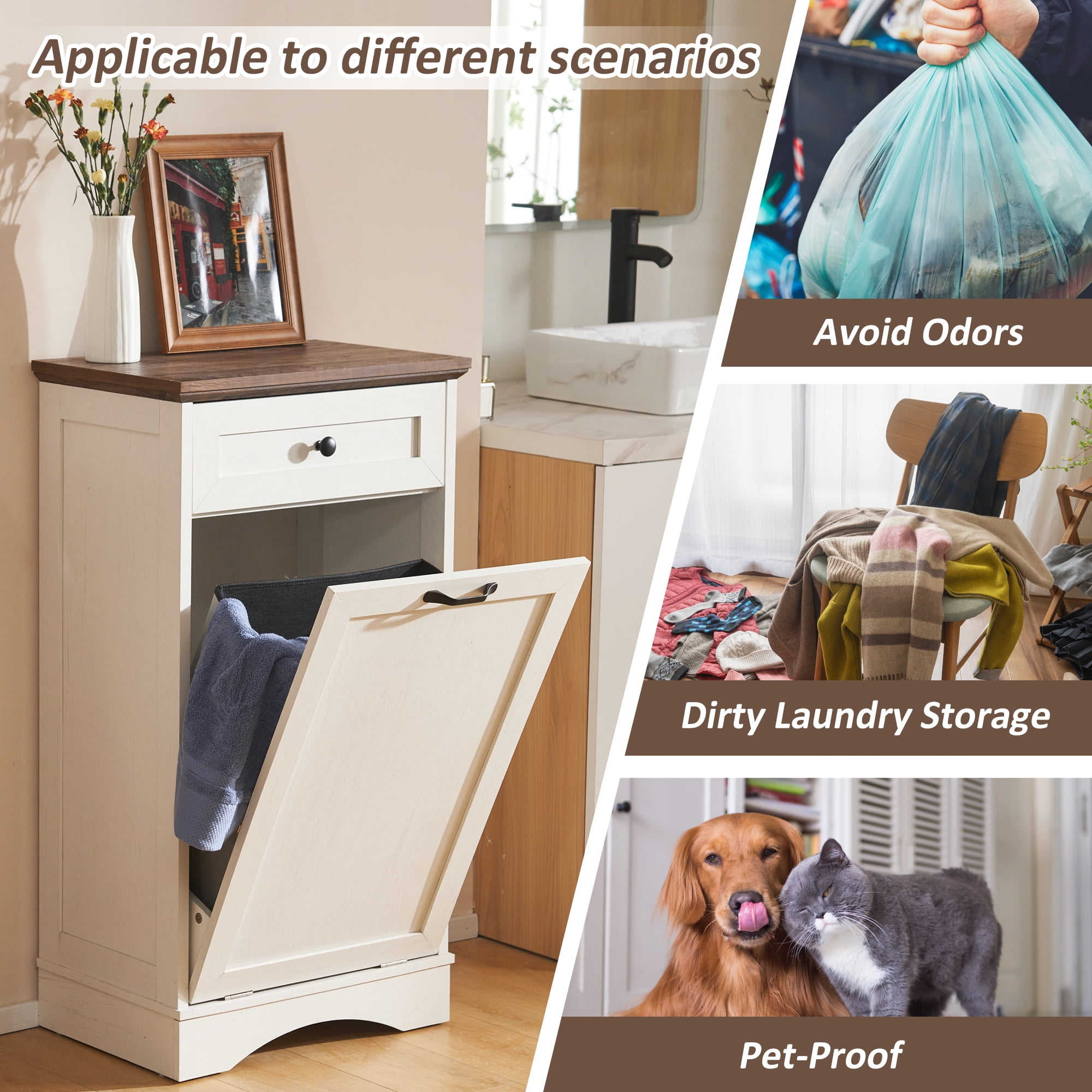 HARIPUL 13 Gallon Tilt Out Trash Cabinet for Kitchen, Single Kitchen Trash Can Cabinet with Drawers, White