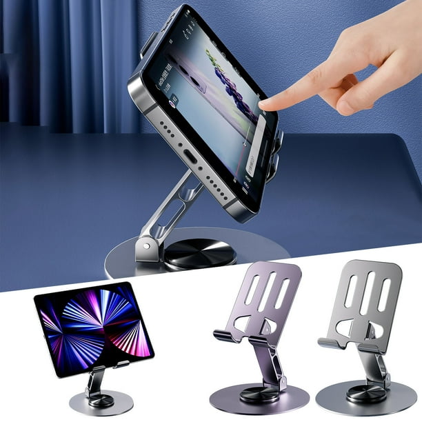 Soporte metálico para tableta – Soporte portátil plegable para teléfono móvil, giro de 360°, ajuste universal hasta 12,9 pulgadas, soporte metálico resistente para sobremesa, diseño compacto y