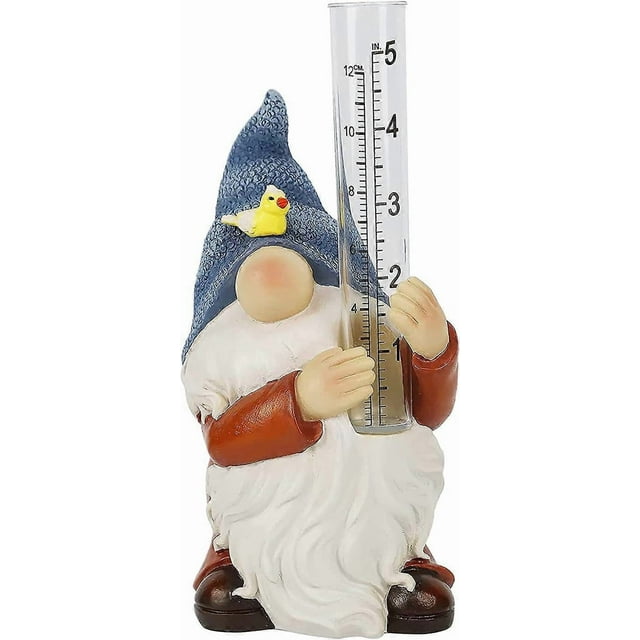 Resin Gnome Figurin Rain Gauges, Hand Painted Gnome Sculpture with Plastic Water Gauge