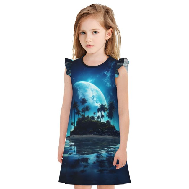 Fotbe Hawaiian Beach Pirate Moon Vestido de Dormir para Niñas de 3 a 10 Años, Mangas Cortas, Estilo Princesa, Pijama Camisón con Mangas Voladas-X-Large