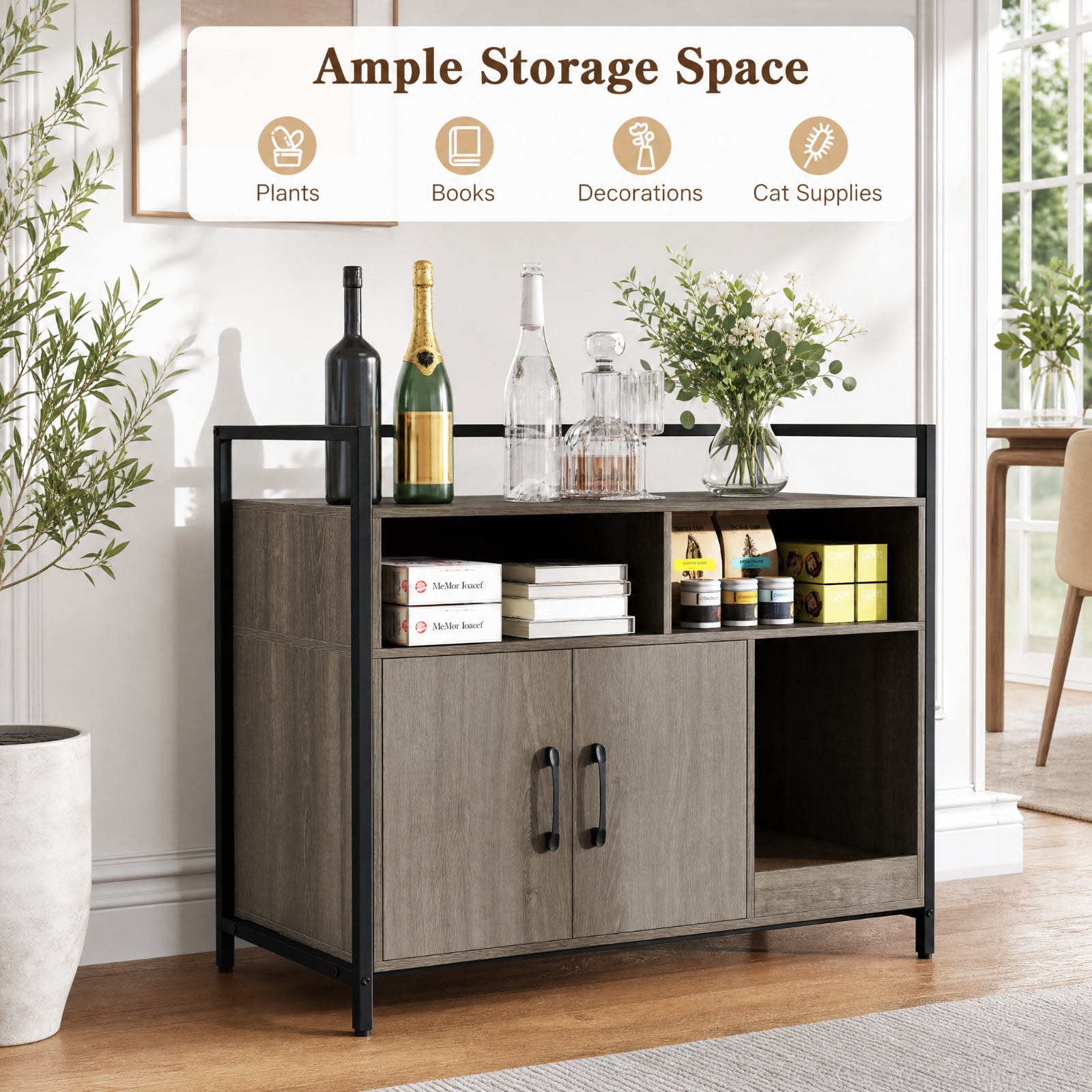 SUGIFT Hidden Cat Litter Box Enclosure, Wooden Cat Washroom Furniture with Double Doors, End Side Table Cat House Cabinet, Oak